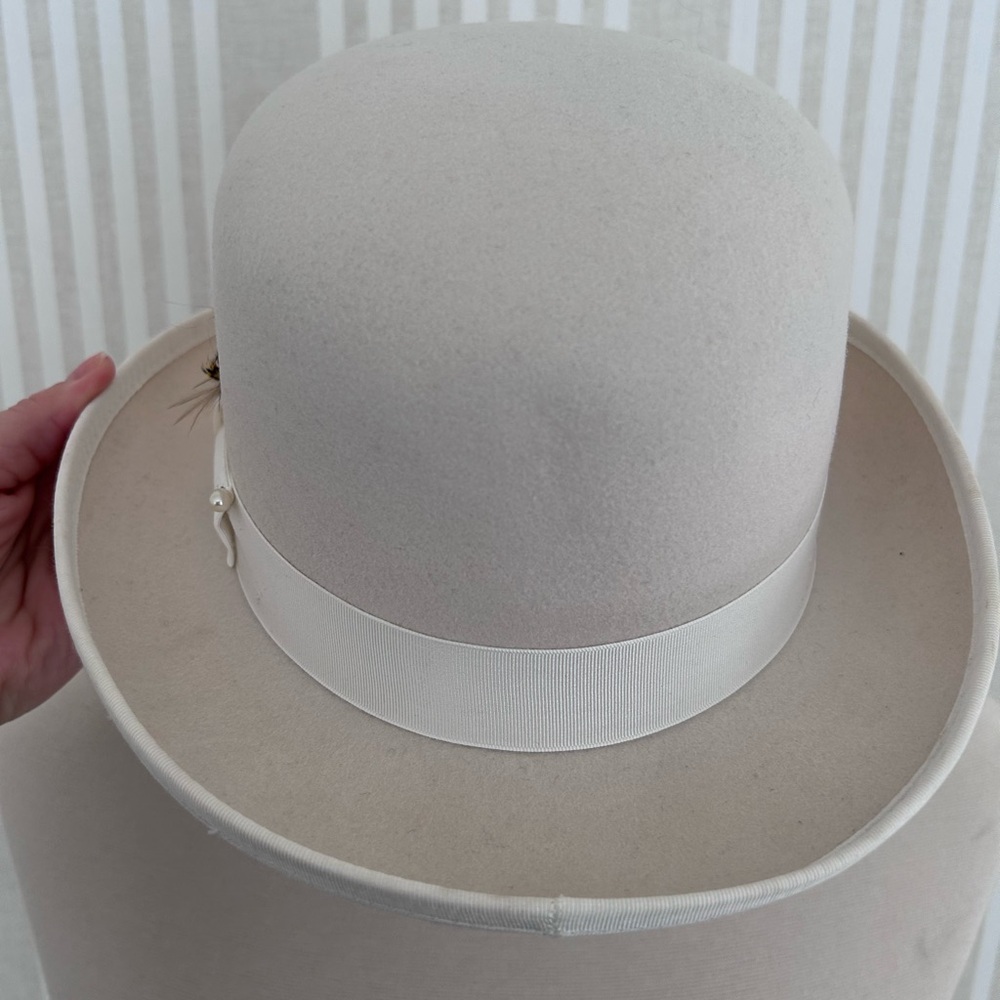 Vintage Derby Bowler Hat Men's 100% Wool Cream Small Grosgrain Ribbon & Feather - Picture 4 of 7